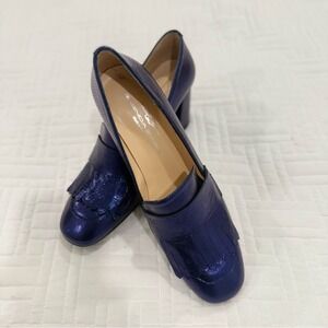 Brenda Zaro navy leather fringe block heels women's size 38
